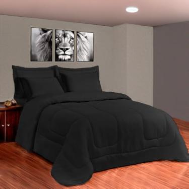 Imagem de Kit Edredom Jogo de Cama Dupla Face 5 Peças Casal Queen (Preto)