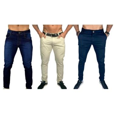 Imagem de Kit 3 calça jeans masculina com elastano slim bege claro azul marinho 