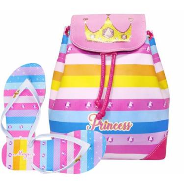 Imagem de Kit Infantil Bolsa Juvenil Menina Mochila Chinelo Listras Coloridas Ma