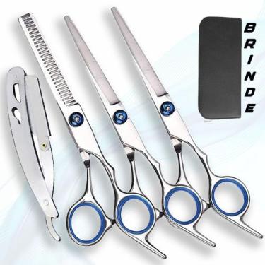 Imagem de Kit 3 Tesouras Profissional Cabelereiro Barbeiro Fio Navalha e Desbast