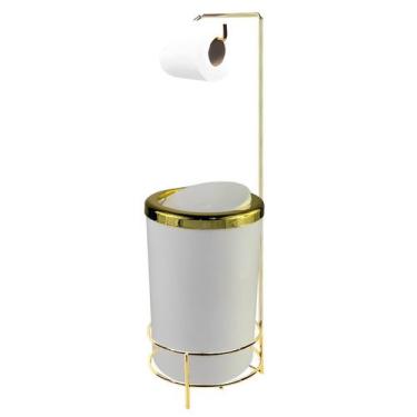Imagem de Kit Suporte Porta Papel Higiênico Com Lixeira 8L Tampa Basculante De C