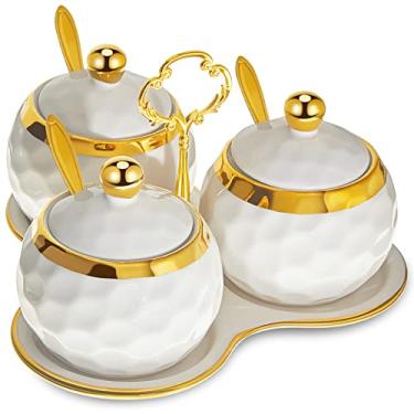 Imagem de Lallisa Açucareiro de porcelana para golfe com 3 peças pote de condimento suporte de cerâmica em forma de golfe com 1 bandeja recipiente de sal com tampa e colher potes de tempero modernos para casa e cozinha, branco e dourado