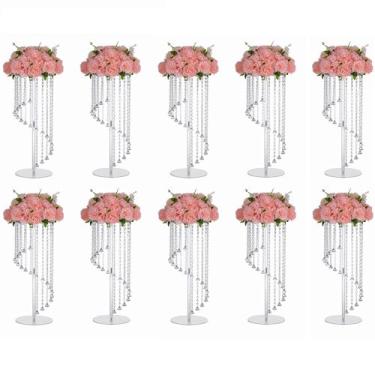 Imagem de Vaso de flores para decoração de centro de mesa de casamento, elegante suporte de cristal acrílico - 10 peças de decoração de mesa de festa de 59,9 cm, suportes de mesa de jantar para lustre de mesa