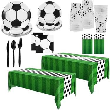 Imagem de Oudain Conjunto de utensílios de mesa de 162 peças de artigos de festa de futebol inclui pratos, copos, guardanapos, toalhas de mesa, garfos, colheres, facas, decorações de louça descartáveis para