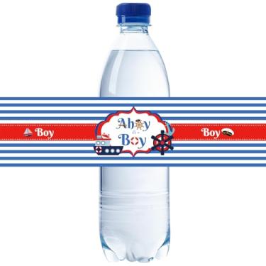 Imagem de 32 etiquetas para garrafas de água Ahoy Boy, envoltórios de garrafa de chá de bebê com tema náutico para meninos, adesivos de garrafa de água It's A Boy, decoração de festa de revelação de gênero