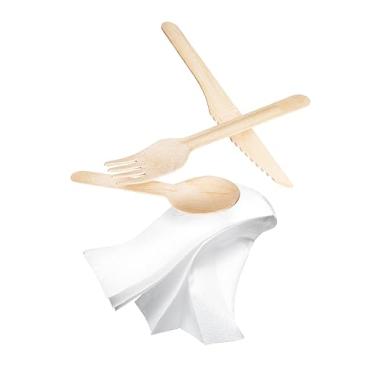 Imagem de Pacotes descartáveis de talheres de madeira de 16 cm com guardanapo (garfo, faca, colher e guardanapo) - 50 conjuntos