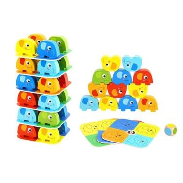 Imagem de Jogo de Empilhar Elefantes, Brinquedo Educativo Colorido, com Cartas e Dado
