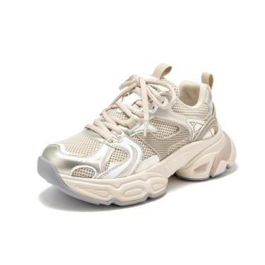 Imagem de BEAU TODAY Tênis feminino grosso, moderno, plataforma, para mulheres, casual, couro, antiderrapante, sapatos femininos confortáveis com cadarço e largura larga, Dourado, 39