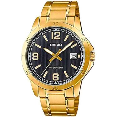 Imagem de Casio MTP-V004G-1B vestido masculino tom de ouro aço inoxidável mostrador preto analógico data relógio
