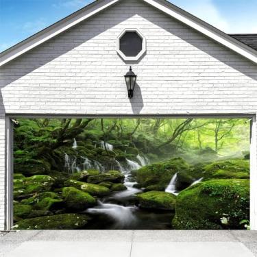 Imagem de DORCEV 1,8 x 4 m Floresta Cachoeira Decoração de Porta de Garagem Cenário Natural Gracioso Capa de Faixa de Porta de Parede Cenário de Primavera Selva Misty Rock Montanha Fluindo Riacho Floresta