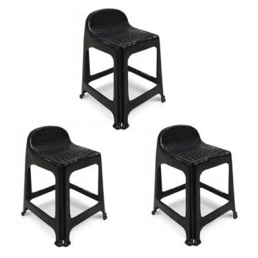 Imagem de Kit 3 Banquetas de Plástico Banquinho Com Encosto Preto Empilhável - P