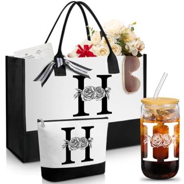 Imagem de Aliceset Presentes iniciais para mulheres, sacola de lona inicial e bolsa de maquiagem personalizada com copos de vidro de 473 ml com tampas e canudos, monograma, pote de bebida, monograma, presentes