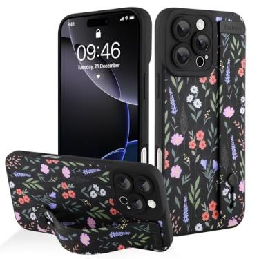 Imagem de AIGOMARA Capa protetora de silicone para iPhone 16 Pro com alça para mulheres e meninas, estampa floral fofa, preta