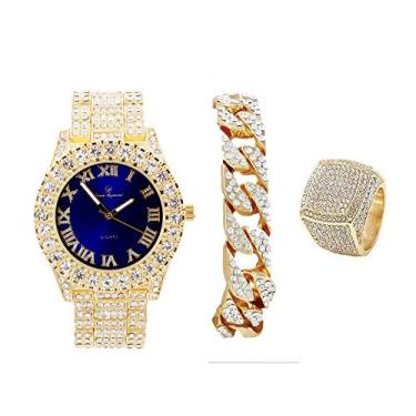Imagem de Relógio masculino com mostrador azul real e bisel de pedras grandes douradas com numerais romanos e pulseira de corrente cubana e tamanho do anel – Azul royal/Ouro – ST10327CBG, Dourado, 8