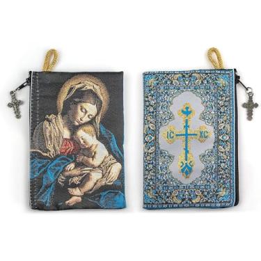 Imagem de Bolsa para Terço Católico, Virgem Maria Madonna e Criança e Santa Olga Dove, 10 x 15 cm, Bolsa de Joias e Moedas com Cruz, Pequena Bolsa de Ícone de Tapeçaria de Rosário Católico para Joyería