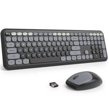 Imagem de Fogruaden Teclado e mouse sem fio preto silencioso, 2,4 GHz, estilo máquina de escrever fofo, conjunto de teclado e mouse colorido, design fino, digitação de baixo ruído para casa, escritório, Windows