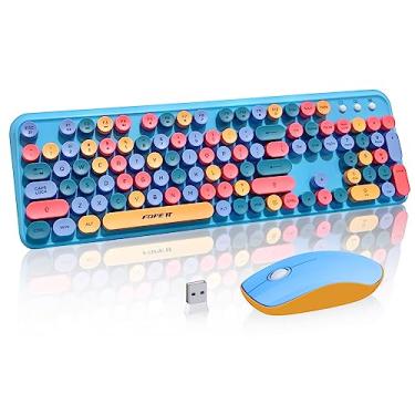 Imagem de Teclado e mouse sem fio, combo de mouse sem fio retrô fofo com chave redonda, conexão sem desistência de 2,4 GHz, teclado sem fio, conjunto de mouse para PC, laptop, computador desktop, azul colorido