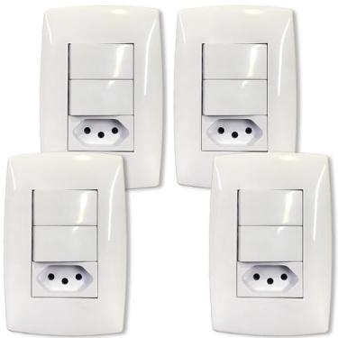 Imagem de KIT 4 Interruptor Duplo Simples + Tomada 10A Branca Brilho Home Blux -