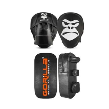 Imagem de Kit Profissional Muay Thai Manopla Foco Soco Boxe + Aparador Chute Almofada Alvo De Pé Gorilla