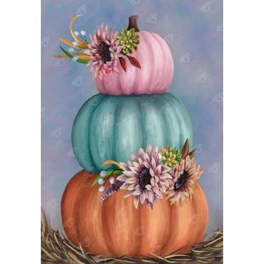 Imagem de DIAMOND ART CLUB Kit de pintura de diamante de abóboras empilhadas com girassóis, artesanato DIY divertido para adultos, tela de arte de diamante redondo para iniciantes, 13" x 19" (33 cm x 47,9 cm)
