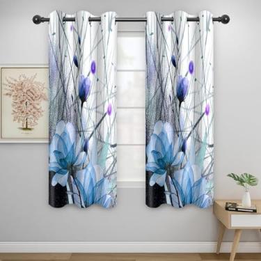 Imagem de Cortinas florais em aquarela azul flor abstrata linha moderna cortinas blackout privacidade decoração de casa cortinas de janela para quarto sala de estar 106 x 153 centímetros conjunto de 2 painéis