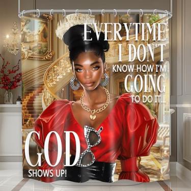 Imagem de Mitpok Cortina de chuveiro para meninas negras 60Lx72H Black Woman Afro American Fashion Afro Lady Inspirational Quotes Christain Bathroom Decor Luxury Pretty Bath Curtain Fabric Polyester 12 unidades