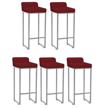 Imagem de Kit 05 Banqueta Alta Mia Com Encosto Cozinha Bistrô Bar Balcão Ferro Prata Sintético Vermelho
