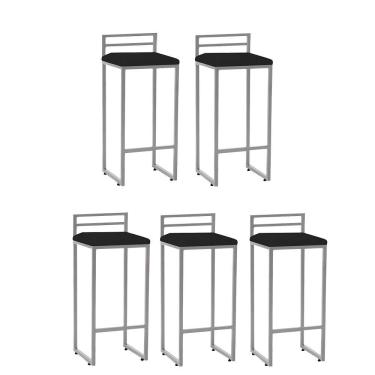 Imagem de Kit 05 Banqueta Alta Com Encosto Petra Balcão Bar Cozinha Bistrô Ferro Cinza Corino Preto