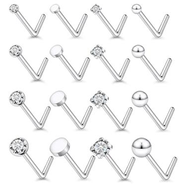 Imagem de Vsnnsns Piercing de nariz 18G, 20G, 22G, joia feminina de aço inoxidável cirúrgico 316L, saca-rolhas em forma de L, opala reta, diamante, zircônia, piercing de narina, joias para mulheres e homens
