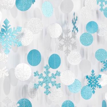 Imagem de OURUOLA Guirlanda De Decoração Para Festa Natal Com Flocos Neve, Azul-Petróleo E Prata - 58 Pés, Serpentinas Papel Penduradas, Banner, Aniversário, Casamento, Bebê, Chá Panela, Ano Novo, Suprimentos