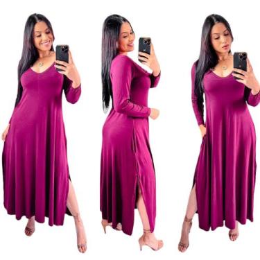 Imagem de Vestido longo gola v com fenda lateral  manga longa - Neide modas, Vin