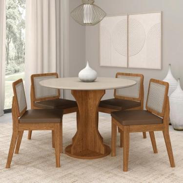 Imagem de Mesa Redonda Andria 4 Cadeiras Sextavadas Freijó/off/c.caramelo - M.a Freijó/off Pre/corino Caramelo