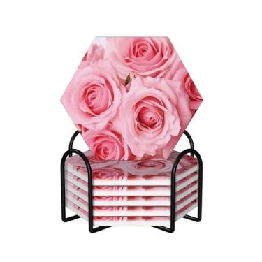 Imagem de Porta-copos para bebidas, conjunto de 6 porta-copos redondos absorventes de cerâmica antiderrapante com suporte e base de cortiça, tapete de copo reutilizável de rosas frescas para tipos de xícara