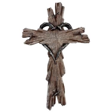 Imagem de Cruz de parede de resina rústica com aparência de madeira com arame farpado e detalhes de coração de unha – Decoração de parede de casa de fazenda cristã de 28,5 cm, presente religioso inspirador