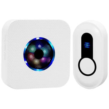 Imagem de Campainhas sem fio, à prova d'água, fácil instalação a 300 metros de longo alcance com 55 toques 5 níveis de volume, 7 cores LED pisca campainha para casa sala de aula, 1 botão de pressão 1 receptor