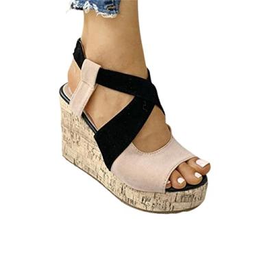 Imagem de Sandálias de cunha para mulheres verão, moda, dedo aberto, sandálias de plataforma boca de peixe, casual, antiderrapante, Alpercatas, para todos os tipos de roupas como Jean(Beige,42 EU)