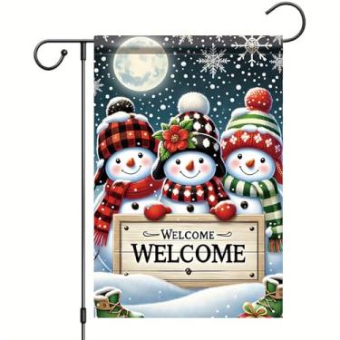 Imagem de Starlit Patio Bandeira de jardim de Natal, boneco de neve, bem-vindo, 30,5 x 45,7 cm, bandeira dupla face, para decoração de varanda de gramado ao ar livre, faixa festiva sazonal para casa, inverno
