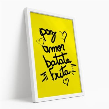Imagem de Quadro Decorativo Paz Amor Batata Frita Estampa Amarela Criativa Frase Divertida Jovem Moderna Descontraída Com Moldura