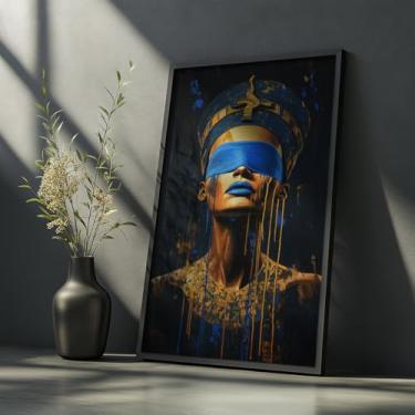 Imagem de Quadro Decorativo Rainha Egípcia Com Moldura Mulher Afro Moderna Azul Dourado Poder Nefertiti Arte Contemporânea Luxo