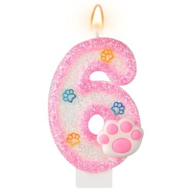 Imagem de AKURIEEY Vela de aniversário de 6 anos para cães e gatos, números rosa, 6 velas, enfeite de bolo de pata, decorações de cupcake para decoração de festa com tema de animais de estimação, artigos de