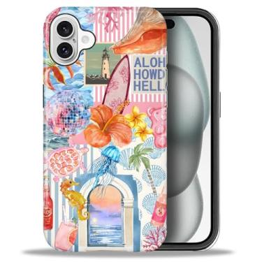 Imagem de ZHEGAILIAN Capa compatível com iPhone 16 Plus, capa rígida híbrida de 2 camadas para meninas, meninos, mulheres, homens, concha, praia, água-viva, fruta, bebida, colagem