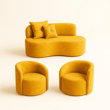 Imagem de Conjunto Decorativo 02 Poltronas + Sofá Curvo Orgânico Nature Gaia Suede Amarelo - Montanaris Decor