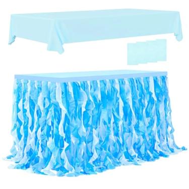 Imagem de FoldTier Saia de mesa de tule arco-íris de 1,8 m e 4 toalhas de mesa de plástico para mesa retangular tutu babados com organza encaracolada de camada dupla para sereia unicórnio festa de aniversário