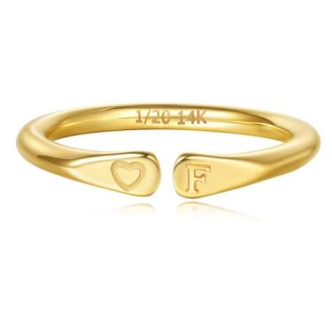 Imagem de YIKOXI Anéis femininos preenchidos a ouro 14 k com inicial esculpida à mão e não mancham alianças em formato de coração para mulheres, Aço inoxidável, Sem pedra preciosa