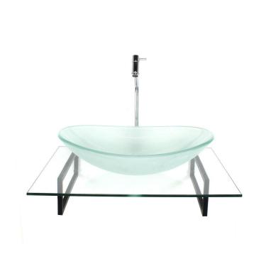 Imagem de Kit Cuba Vidro Oval Jateada Tampo 60Cm Incolor E Suporte