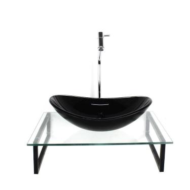 Imagem de Kit Cuba Vidro Oval 10Mm Preta Tampo 50Cm Incolor Suporte