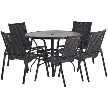 Imagem de 5 Cadeiras E Mesa 100cm Tampo Ripado Alumínio Piscina Jardim Pedra Ferro