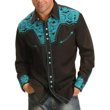 Imagem de Camisas De Cowboy Ocidentais Vintage Masculinas Casuais Soltas Manga Comprida Com Botões De Pérola, Green, XXL