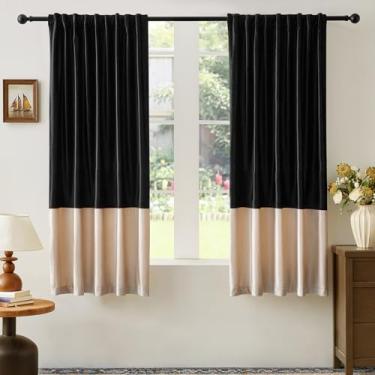 Imagem de Cortinas de veludo para sala de estar preto champanhe bege 160 cm de comprimento, 2 painéis, cortinas blackout modernas com bloco de cores, bolso traseiro para varão, cortinas à prova de som, para