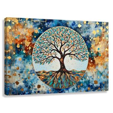 Imagem de Árvore da Vida Arte de parede Impressão em tela Harmonia Equilíbrio Sala de estar Quarto Azul Dourado Decoração 60x40cmx1